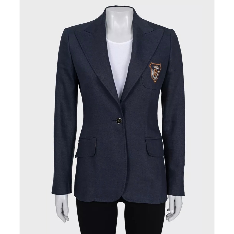 Dolce & Gabbana Blue Linen Embroidered Fitted Jacket - It38/Xs